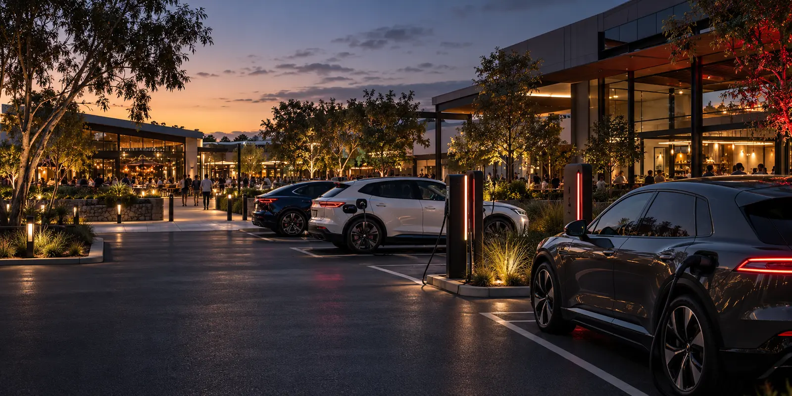 Passenger electric vehicles charging at a mixed-use commercial destination