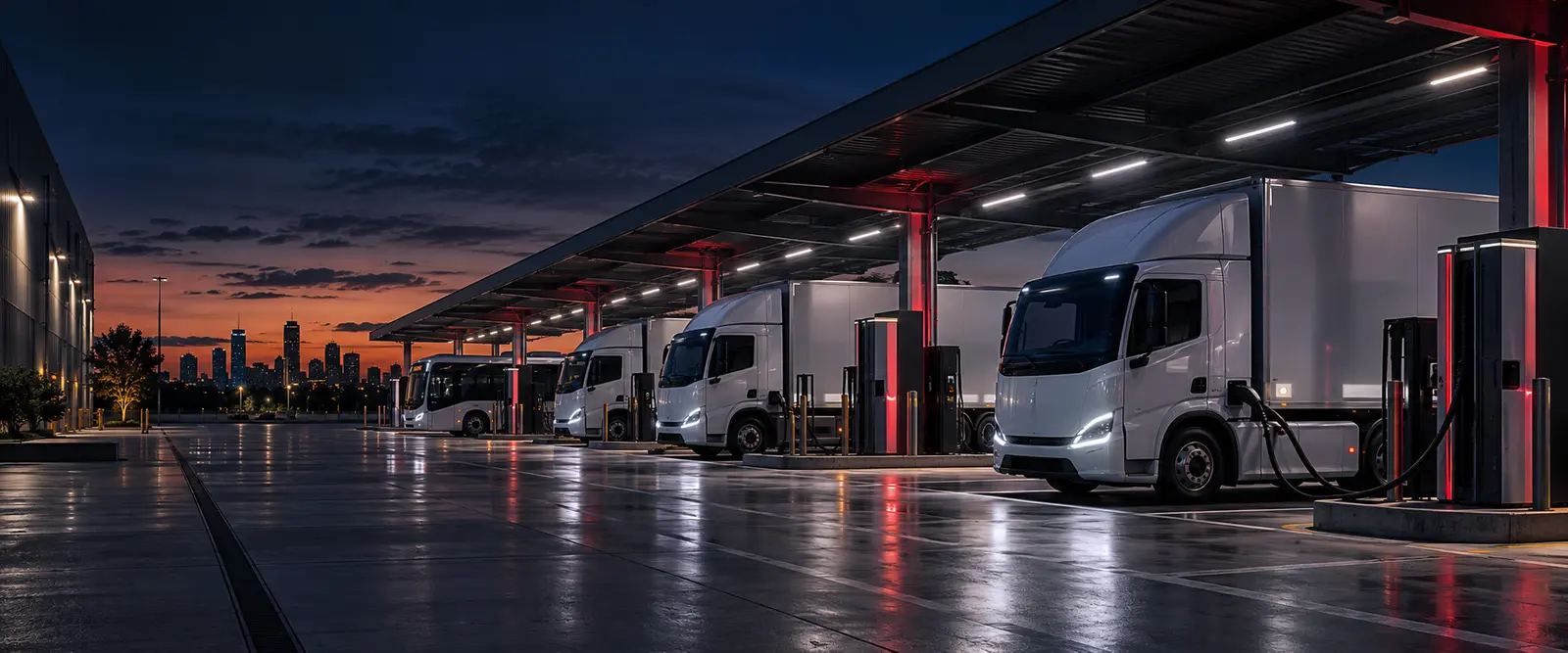 Electric trucks and a bus charging in a commercial fleet depot