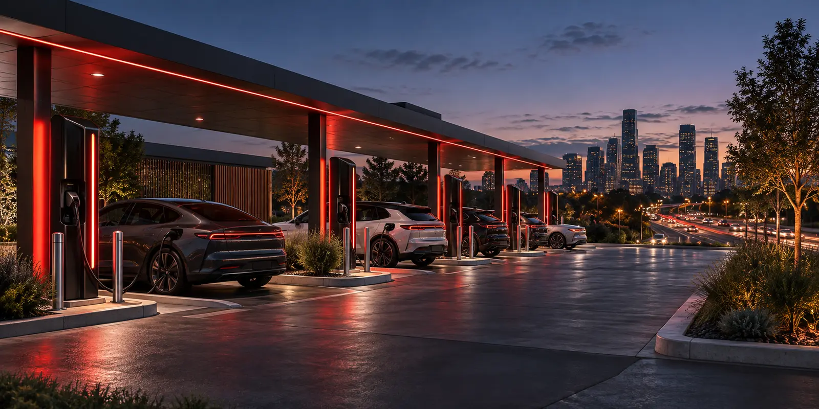 Passenger electric vehicles using an ultra-fast public charging hub at dusk